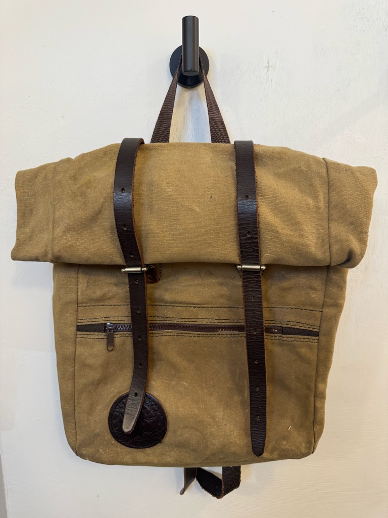 Vintage Canvas Roll-Top Backpack In Tan With Dark Brown Straps